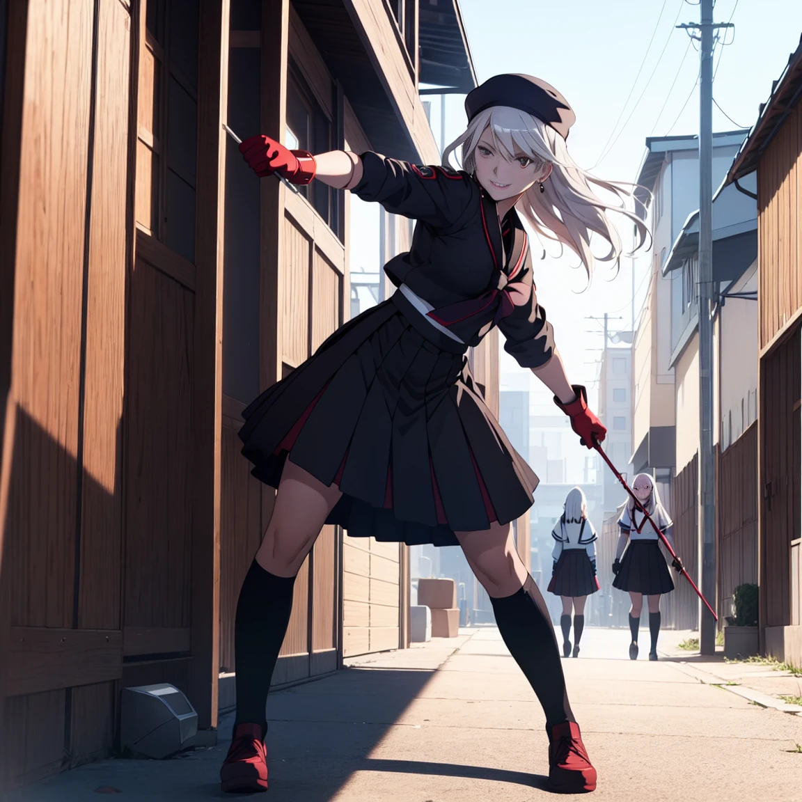 sukeban illyasviel_von_einzbern, mature_female, silver hair, holding yoyo, combat pose, full body, flowing hair, hair between the eyes, asymmetrical hair, red eyes, delicate facial features, sukeban deka clothe,  looking_at_viewer, outdoors, background tokyo, ((solo, solo focus, solo girl,1girl))+++++,woman in a black sukeban costume standing on a set of strees, black school uniform, 80's japanese sukeban photo, sukeban sailor uniform, sukeban seifuku,  90s japan, sukeban, long black skirt, red basket, full body, light skin tone female, full body, tape, arm_support, gloves, red_gloves, bridal gauntlets, black_footwear, fighter outfitfull body, hourglass, mature face, cheeky smile, cheeky face, wrinkles,( short hair, earrings, ear piercings), realistic, (fighting art, Martial arts, standing, fighting_stance, fight, fighting), extra colors, 2D, megapixel, perfectionism, accent lighting, full HD , 4K, masterpiece, empty red eyes