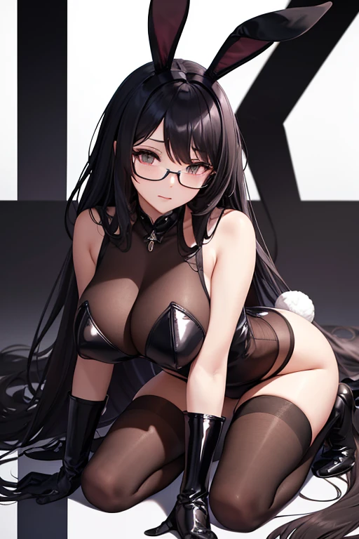 Black underwear、eye glass（Black rim、under-rim）、A dark-haired、Reverse Bunny、femele、A MILF、huge tit、The long-haired（straight）、panthyhose、Rabbit ears（Katyusha）、gloves（long Arm Cover）、high-heels（long boots）