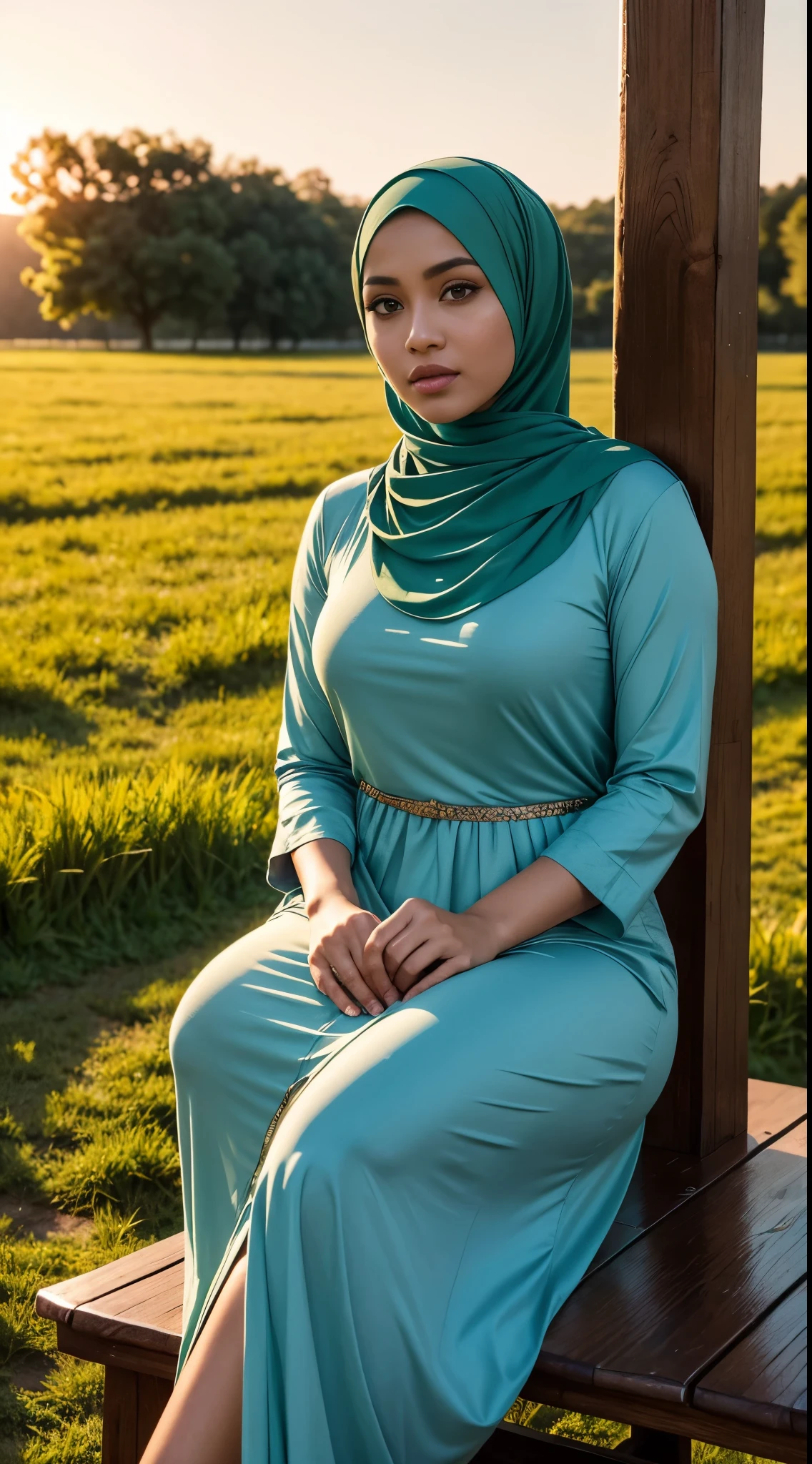 ( Close Up),RAW, Best quality, high resolution, works: 1.3), Beautiful Malay woman in hijab, Masterpiece, fit body, big breasts, beautiful big eyes, Soft smile, beautiful face, woman sitting at a table in a green meadow, traditional beauty, moment sunset, in the field, in the countryside, beautiful woman, with the sunset, wearing a soft long dress,muslim, on a wooden table, hijab, beautiful woman, with a beautiful appearance, a very beautiful masterpiece, a masterpiece of art, good lighting, Bright colors, Clean lines