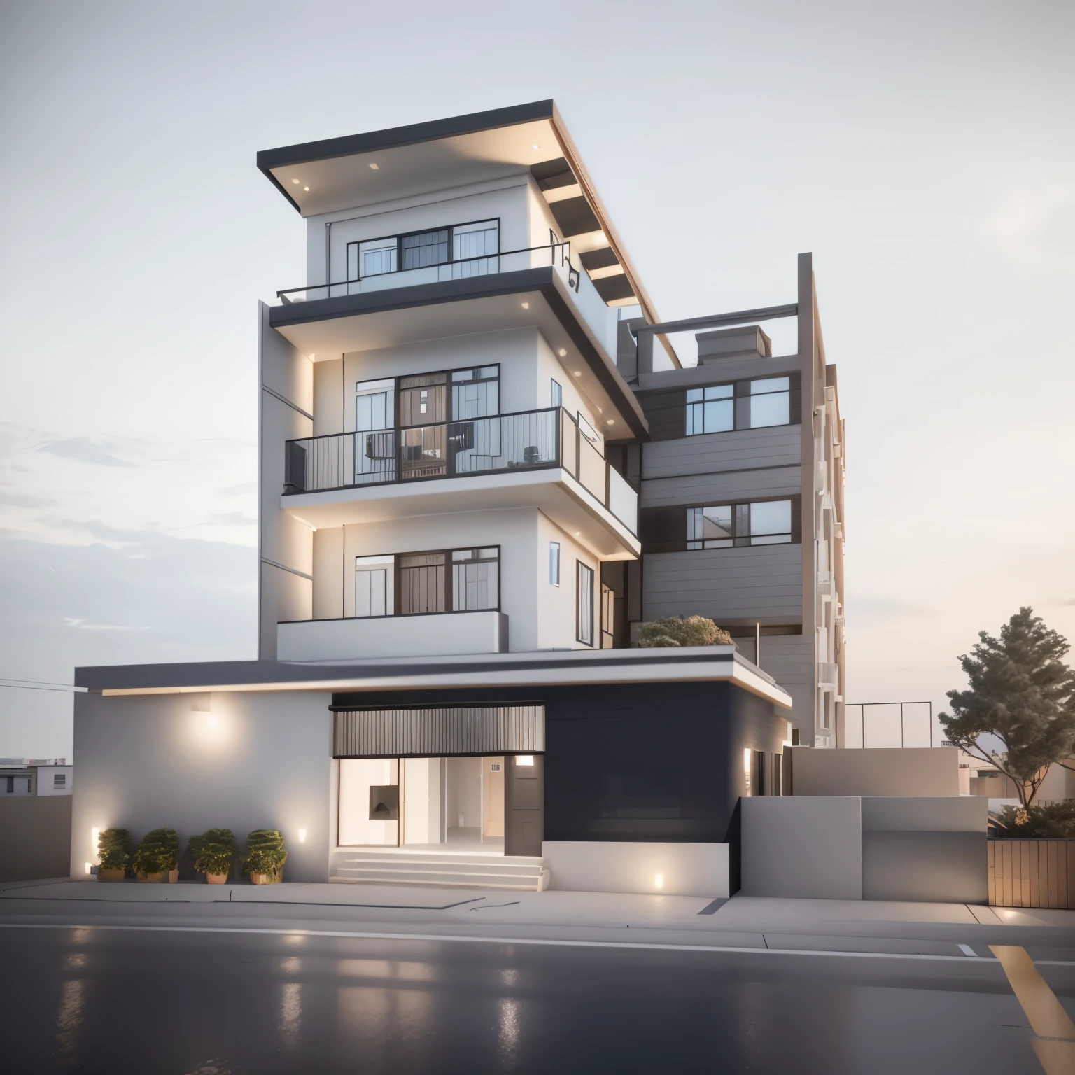 rendering of a four story building with a balcony and a balcony, 3 d render n - 9, complete house, building facing, exterior design, concept house, realistic concept, architectural render, 3 d rendering, 3d rendering, street level view, modern lush condo as shopfront, realistic building, from street level, detailed rendering, wide angle exterior 2022
