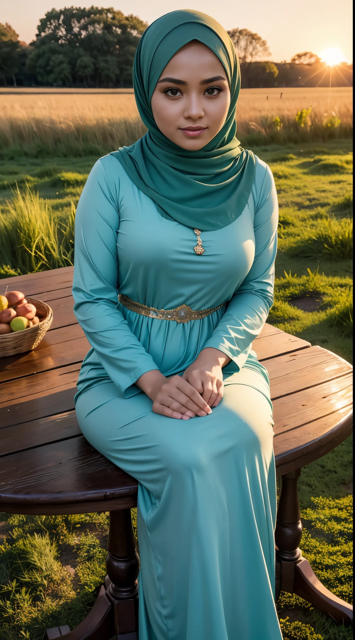 ( Close Up),RAW, Best quality, high resolution, works: 1.3), Beautiful Malay woman in hijab, Masterpiece, fit body, big breasts, beautiful big eyes, Soft smile, beautiful face, woman sitting at a table in a green meadow, traditional beauty, moment sunset, in the field, in the countryside, beautiful woman, with the sunset, wearing a soft long dress,muslim, on a wooden table, hijab, beautiful woman, with a beautiful appearance, a very beautiful masterpiece, a masterpiece of art, good lighting, Bright colors, Clean lines