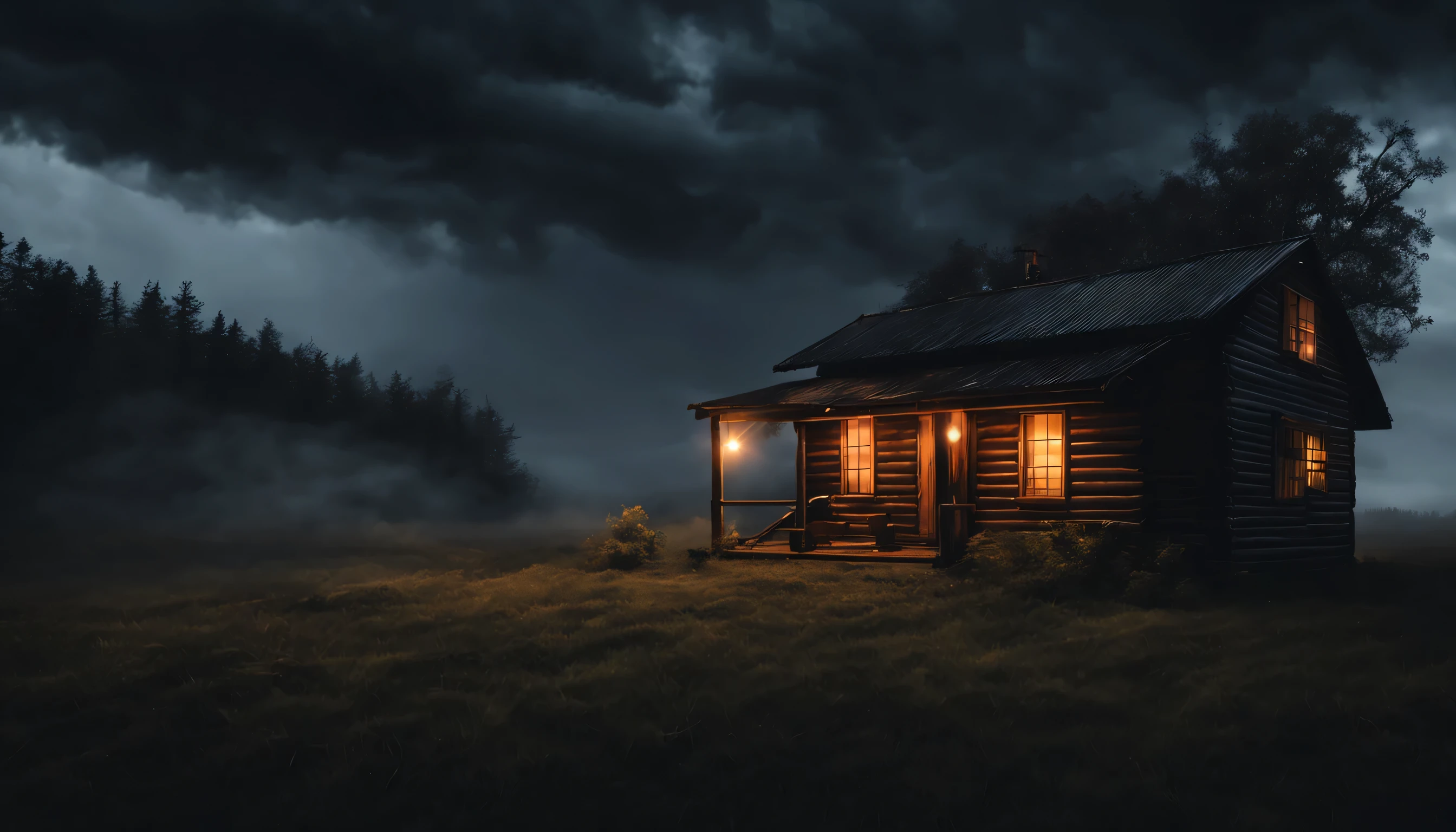 create a photo of a realistic hut at night, com telhado de zinco, com luzes acesas, with few trees around, showing a cloudy sky surrounded by dark storm clouds, Fotografia 4k, dark scenery with lots of fog.