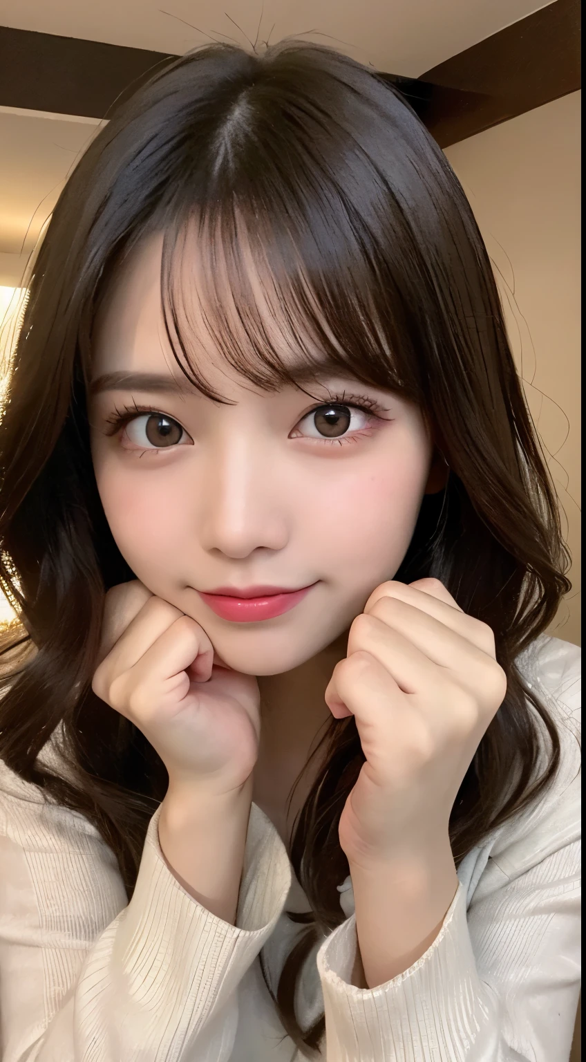 masutepiece, Best Quality, Illustration, Ultra-detailed, finely detail, hight resolution, 8K Wallpaper, Perfect dynamic composition, Beautiful detailed eyes, Gorgeous black fluffy Tokyo winter clothes,random cute hair,small tits,Natural Color Lip, Bold sexy poses,Smile、20 years girl、Cute、Sexy shot looking at camera,常にBlur the background,Perfect and beautiful face,Take only the face,beautiful and detailed face、slim face and style,Big eyes、Do gal makeup、Living room of luxury designer tower apartment、Blur the background、Cute hairstyles、pretty pose、fist punch to camera(Stick out your right hand)