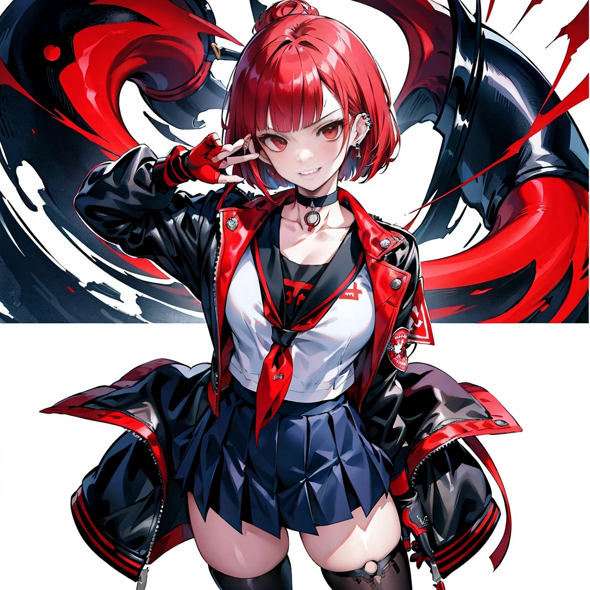 in the art style of persona 5, smal breast, delinquent, (sukeban), mature_female, blush, mature, older woman, 25 years old, Sukeban teacher outfit, (1girl, solo female, solo, solo focus)++++, choker, sukeban teacher, sukeban fighter, long_sleeves, open jacket, blue jacket,( jean)+++, light skin tone female, full body, jacket, biker jacket, tape, arm_support, gloves, red_gloves, bridal gauntlets, nail polish, boots, black_footwear, fighter outfit, full body, hourglass, mature face, cheeky smile, cheeky face, wrinkles, (red hair, short hair, bob cut, earrings, ear piercings), red eyeighting art, Martial arts, standing, fighting_stance, fight, fighting), extra colors, 2D, megapixel, perfectionism, accent lighting, full HD , (Masterpiece:1.2), (full-body-shot:1),(cowboy shot:1.2), (Highly detailed:1.2),(Detailed Face:1.2), Colorful, A detailed eye, (Detailed landscape:1.2), (natural lighting:1.2), ((sukeban school teacher)) by Vincent Di Fate: Aidyllery, Anamorphic Shot, rule of thirds, face by Artgerm and WLOP,