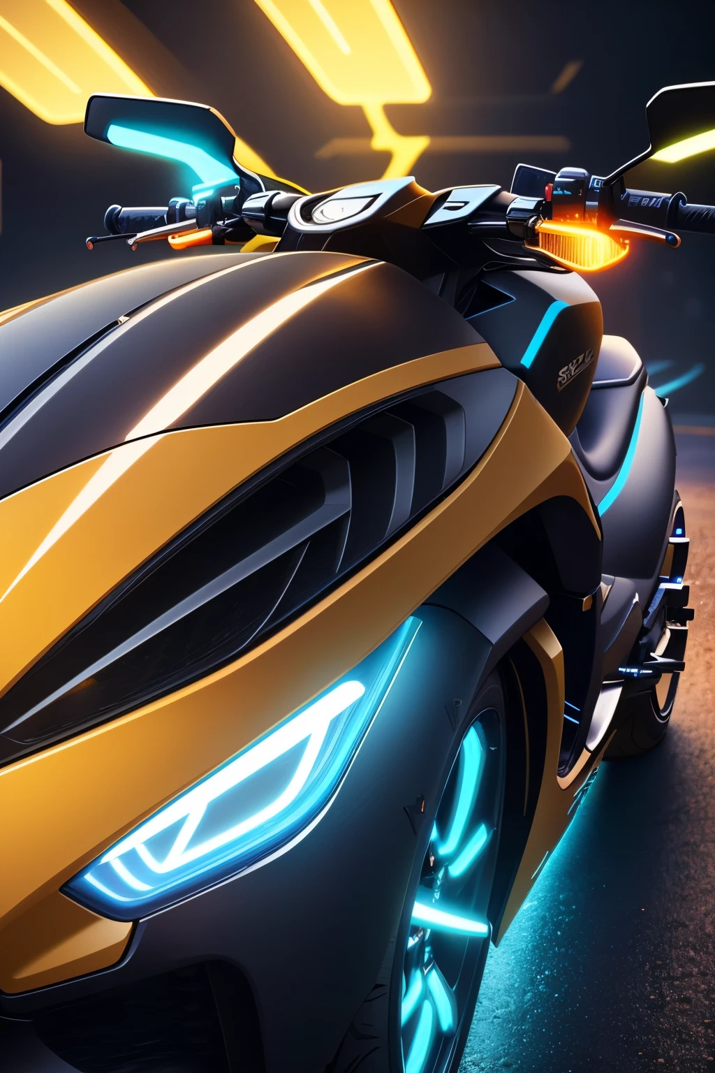 a close up of a futuristic car with a blue light on the front, cycle render, futuristic motorcycle, motorcycle concept art, futuristic suzuki, colors of tron legacy, neon glow concept art, tron, airbrush render, concept render, 3 d render n - 9, rendered in keyshot, 2 d render, cycles4d render, vehicle concept photo!!, hd render