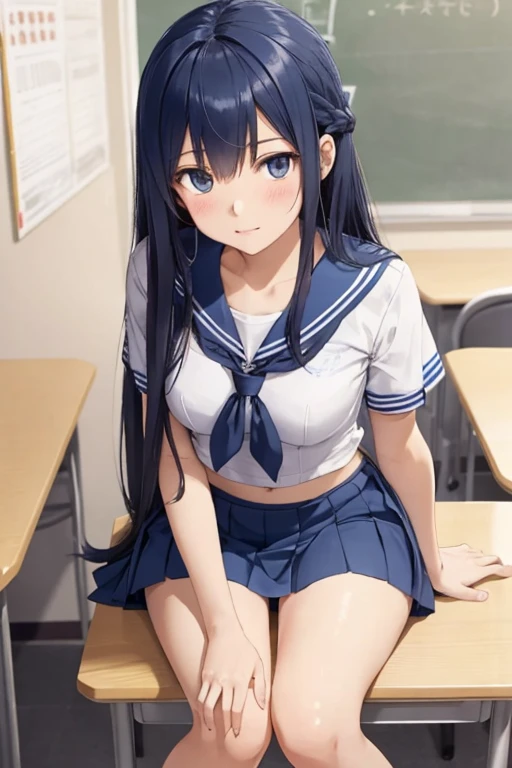 Detailed, a highschool girl with long hair and pair skinwearing blue short skirt and sailor tops sit on the corner of the class