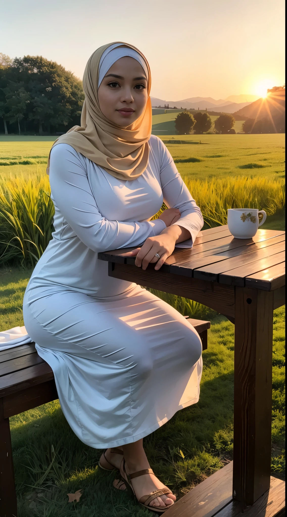 ( Close Up),RAW, Best quality, high resolution, works: 1.3), Beautiful Malay woman in hijab, Masterpiece, fit body, big breasts, beautiful big eyes, Soft smile, beautiful face, woman sitting at a table in a green meadow, traditional beauty, moment sunset, in the field, in the countryside, beautiful woman, with the sunset, wearing a soft long dress, muslim,, hijab, beautiful woman, with a beautiful appearance, a very beautiful masterpiece, a masterpiece of art, good lighting, Bright colors, Clean lines, chubby body, wide chubby hips, chubby arm, chubby massive thighs , massive cleavage , massive armpits , white armpits , armpit hair , extra cleavage, full body , milky white skin