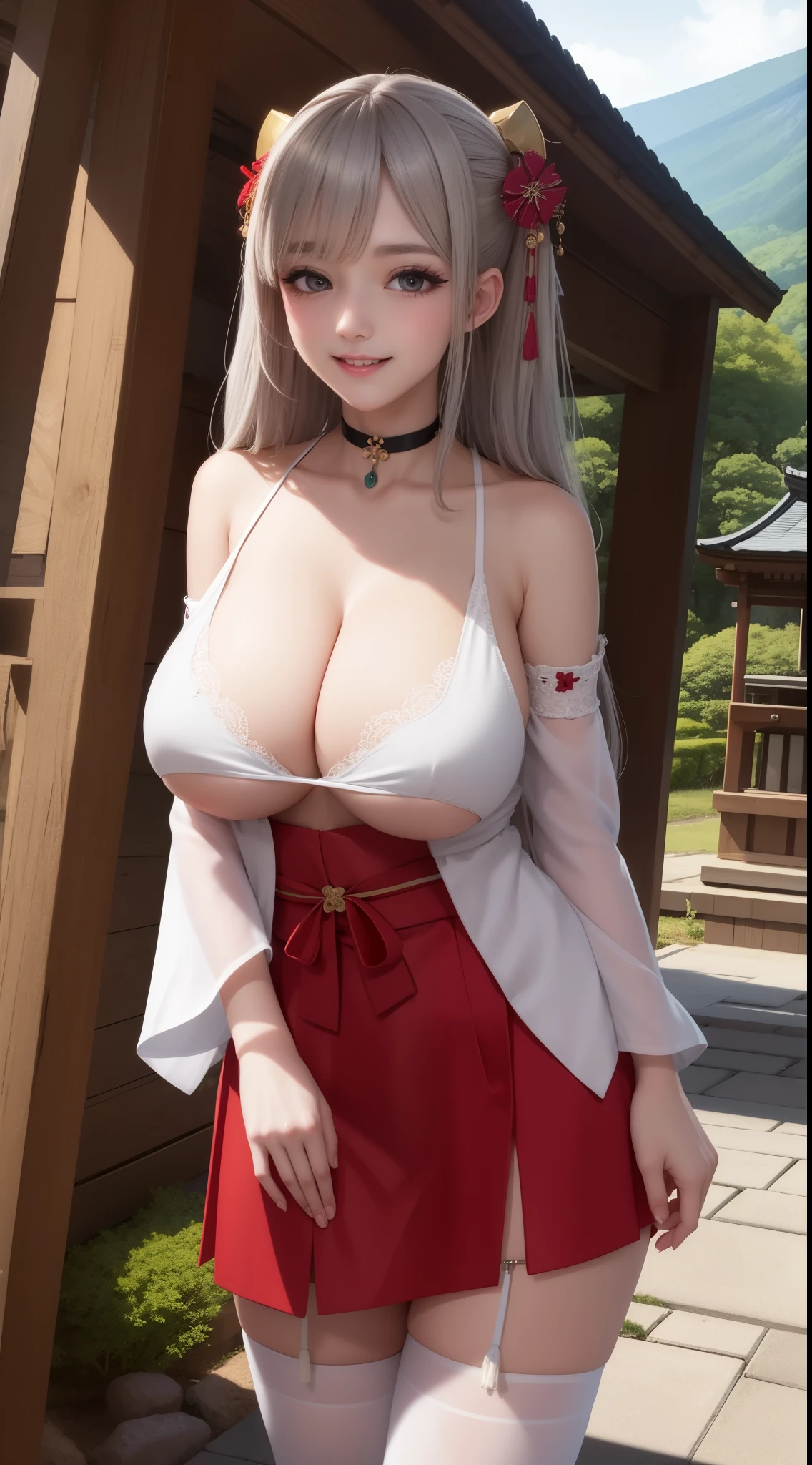 (best quality:1.3),(masterpiece:1.1),(illustration:1.2),(ultra-detailed:1.2),beautiful detailed eyes,1girl,shrine maiden,japanese clothes,detached sleeves,hakama short skirt,bottomless,no panties,ofuda on pussy,maebari,shrine maiden,cleavage,detached sleeves,white thighhighs,digust,blush,japanese clothes,tokyo city,mount fuji,huge breasts,choker,standing,hakama short skirt,arms at sides,outdoors, smile, big breasts, silver hair,