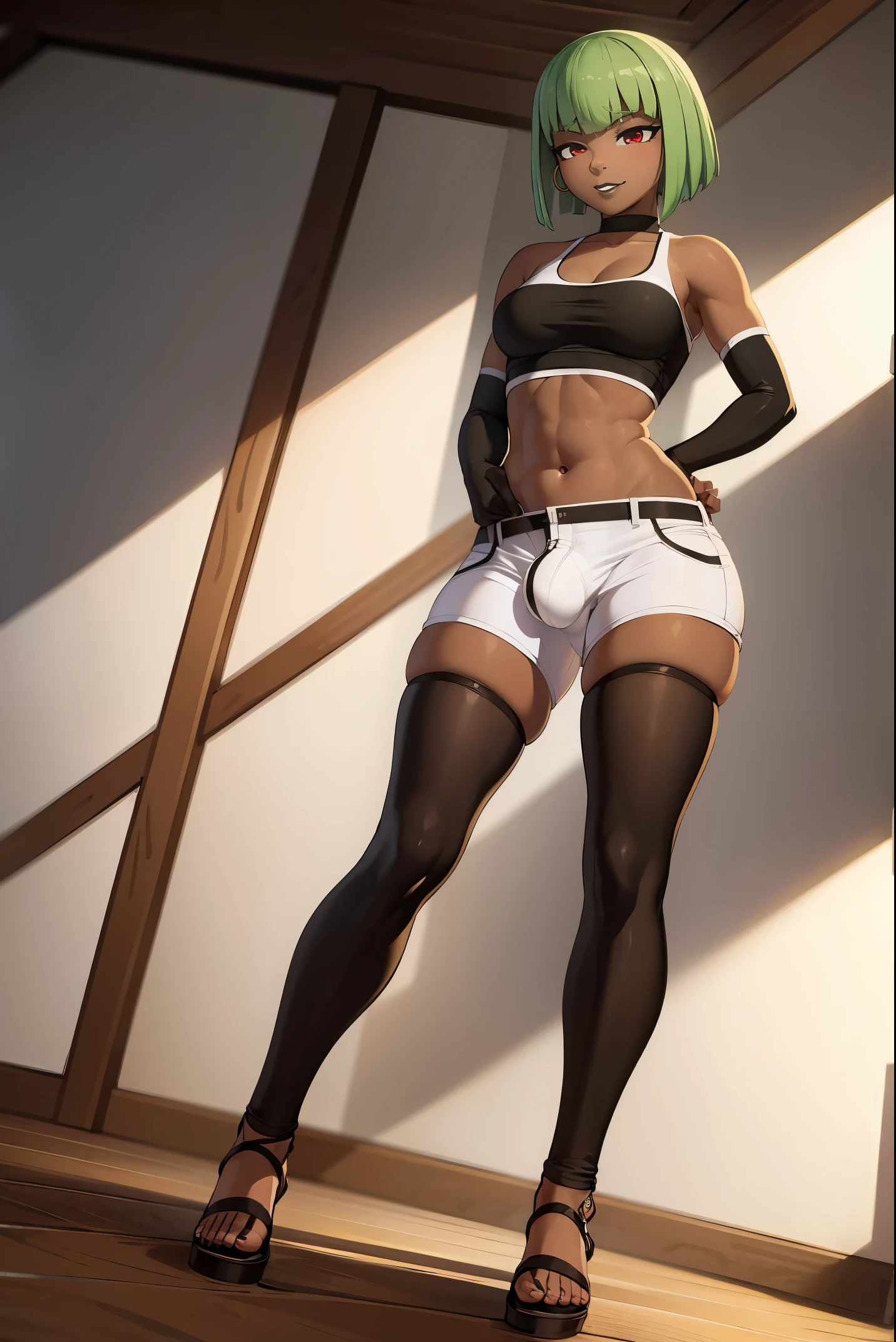 (solo:1.1),(masterpiece), (best quality:1.3), highly detailed, intricate, professional art, digital art, absurdres, emerald sustrai, 1girl, solo, dark skin, green hair, bob hair, smirk, gold hoop earrings, ab lines, detailed stomach, red eye colour, dark skin, white shorts, brown stockings, sandals, green cross strap crop top, arm gloves, small breasts, wide hips, (aroused:1.2), (futanari:1.1), medium penis, thick penis, veiny penis, huge testicles, (black makeup 1:1), Black lipstick, beestung lips, pubic hair, penis bulge under clothes, crotch bulge, testicle bulge between thighs, BREAK indoors, resort, posing, BREAK frontal view, universal lighting BREAK