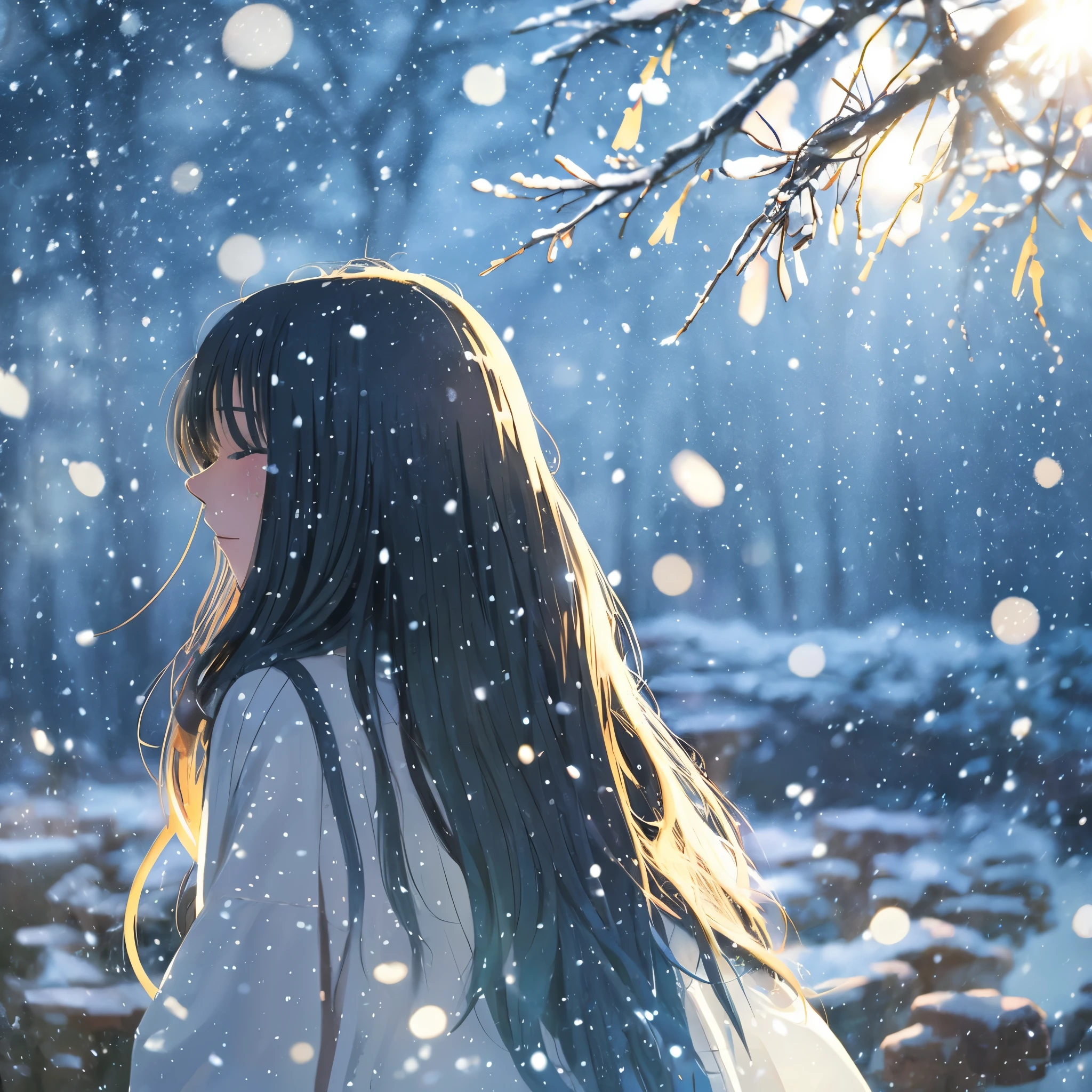 Anime girl in the snow with long hair and white shirt - SeaArt AI