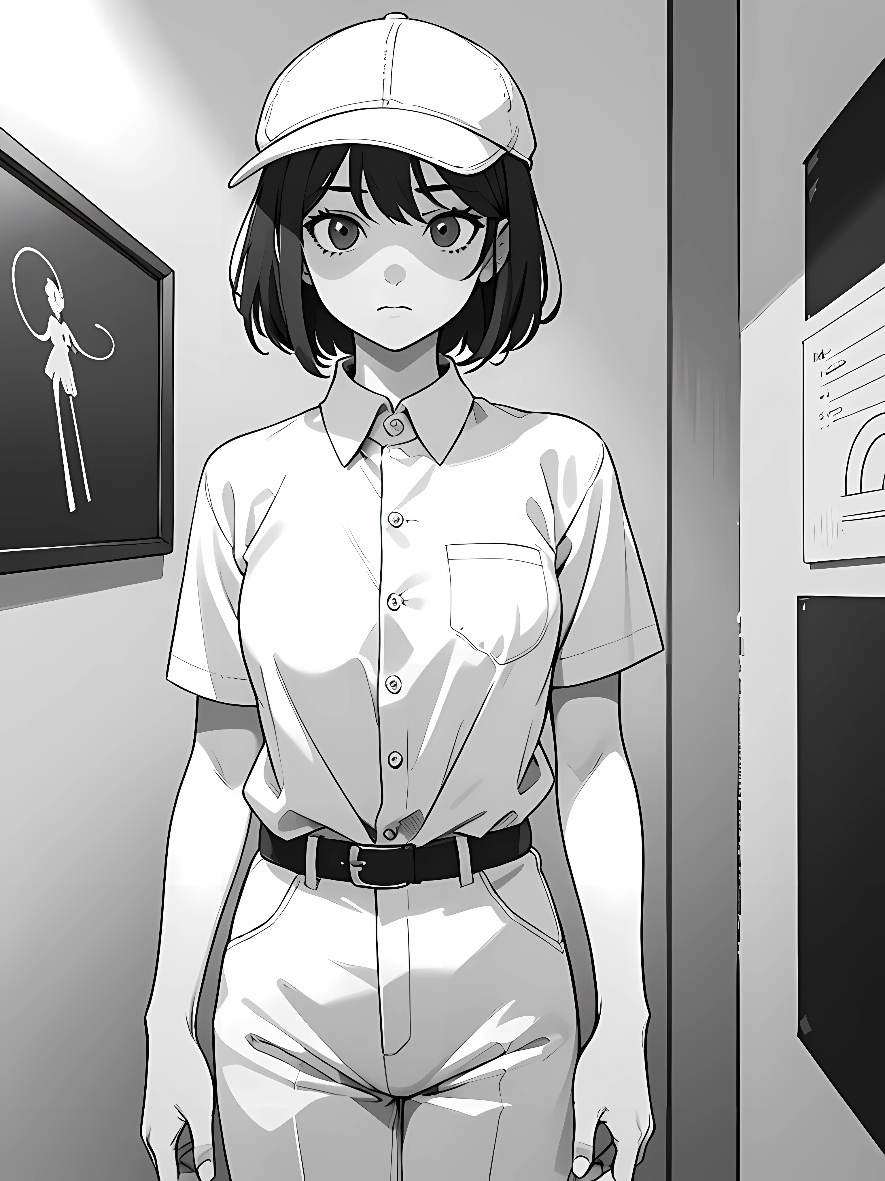 ((best quality)), (masterpiece), woman, matured woman, solo, small breast, white clothing, employe, (panel cap:1.2), white shirt with single button, tucked in, short sleeves, (long pants:1.2), facing front, torso front, looking at the camera, monochrome, line art, manga, anime, high resolution, 4k, detailed