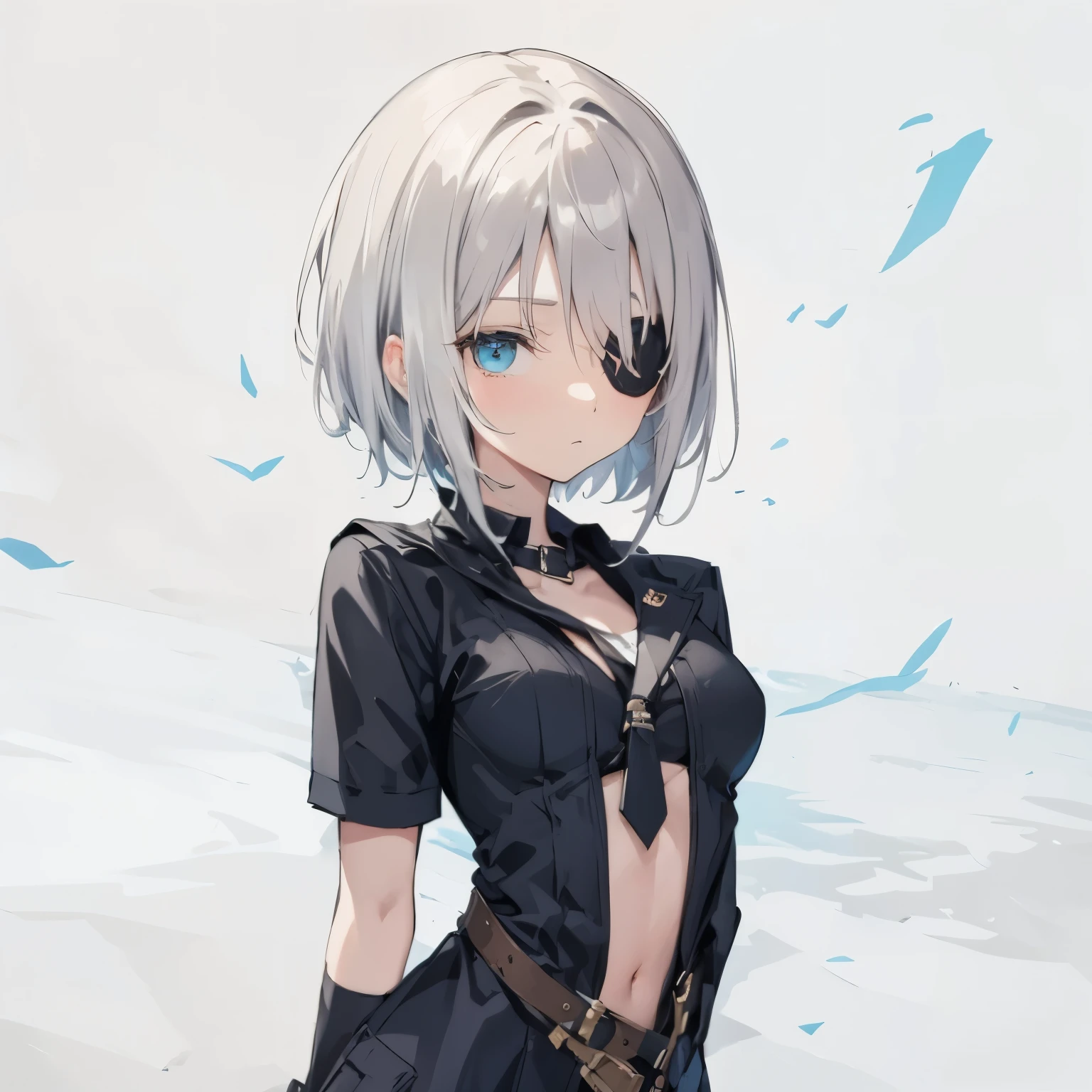 【Highest Quality, masutepiece】 [girl, black eyepatch ,Manteau, expressioness, front facing,turquoise eye, White hair, short cut hair , over size jacket,breast, Upper body]