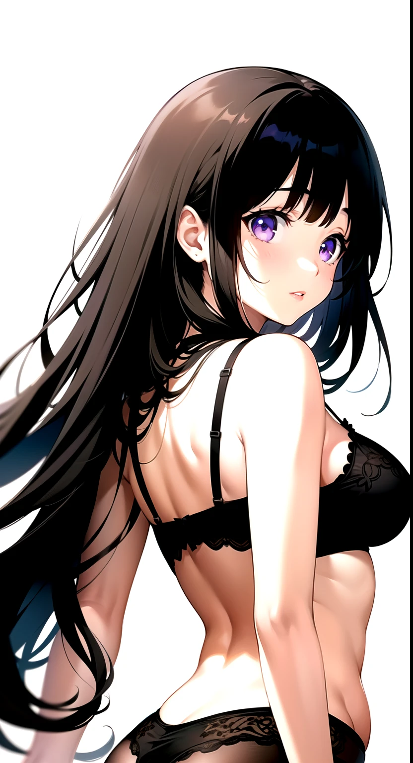 (A superb exquisite Chitanda Eru), (mature face), ((white background, half body)), purple eyes, long black hair, natural straight hair, straight bangs, solo, [Small_breasts: large_breasts: 0.5], normal breasts, ((looking back over shoulder, lingerie)), extremely delicate, peerless beautiful girl, dreamy quality, exaggerated facial features, solid color, delicate face, bright lips, slender waist, straight curves, soft lights and shadows, super fine, 8K HD, (masterpiece:1.4), (finely detailed beautiful eyes: 1.2)