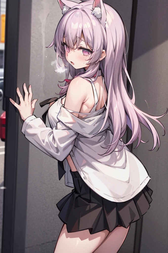 Perfect human body、1 girl、A couple、heterosexuality、 NSFW, ((actual, On the street)), (detailed back ground), Oversized white T-shirt、mini-skirts、鎖骨,Bigchest ,((woman with fever)), ((perspiring,steamy))), 、皮革mini-skirts、((shyexpression)), (face flushed), looking at viewert,a sexy pose,Lift the skirt