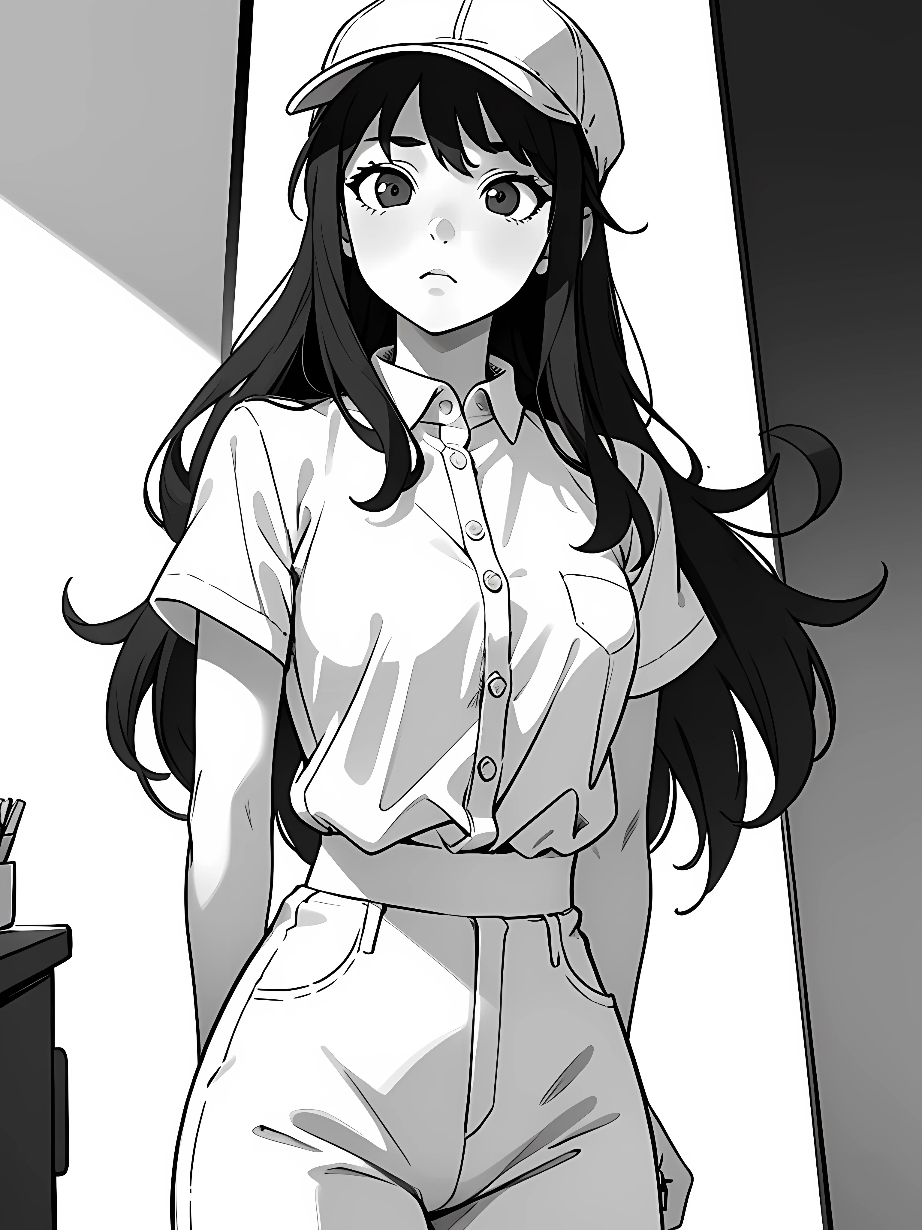 ((best quality)), (masterpiece), woman, matured woman, solo, small breast, white clothing, employe, (panel cap:1.2), white shirt with single button, tucked in, short sleeves, (long pants:1.2), facing front, torso front, looking at the camera, monochrome, line art, manga, anime, high resolution, 4k, detailed