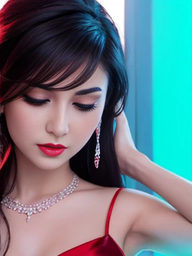 Lebanese lady, diamond dangling earrings, necklace, bracelets, small breasts, red lips, smokey eyes, red long satin slit dress, sad, hot, off shoulder, sleeveless, red cheeks, blush, side swept hair style, cleavages, radiant skin, dark party with neon lights, shy, embarrassed, 40 years old, eyes closed, moaning,
