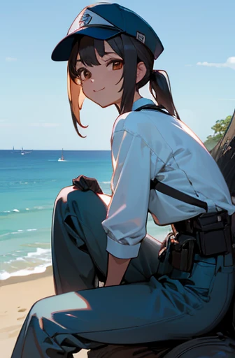 masutepiece,An ultra-high picture quality,Detailed picture,an animated character,hight resolution,独奏,1 female,female focus,Beautie,A dark-haired,Black eye,Thin eyebrows,light skinned,poneyTail,The courier,career,mail,polo shirts,slacks,Tuck your shirt in,Put on a work cap,Black Gloves,Waist Pouch,Short sleeved shirt,Long sleeve trousers,Delivery Man,A refreshing smile,The background is the sea,blue-sky,a beauty girl,A detailed face,detailed facial expression,work cap hat,sitting and resting in a big trunk,Best Quality