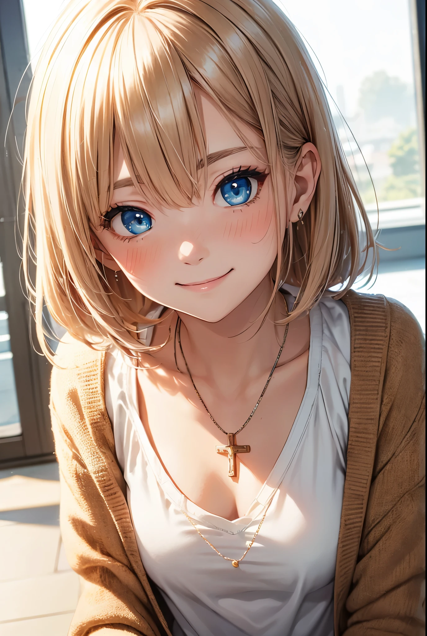 absurderes,hight resolution,best qualtiy,(1girl in),masutepiece,(Hair parted in the middle:1.3),(deep blue eyes:1.3)Small Cross Necklace,red blush,Embarrassed smile,Narrow-eyed,thin eyebrow eyeshadow,teak,gross,Crosshairpin,Beige cardigan