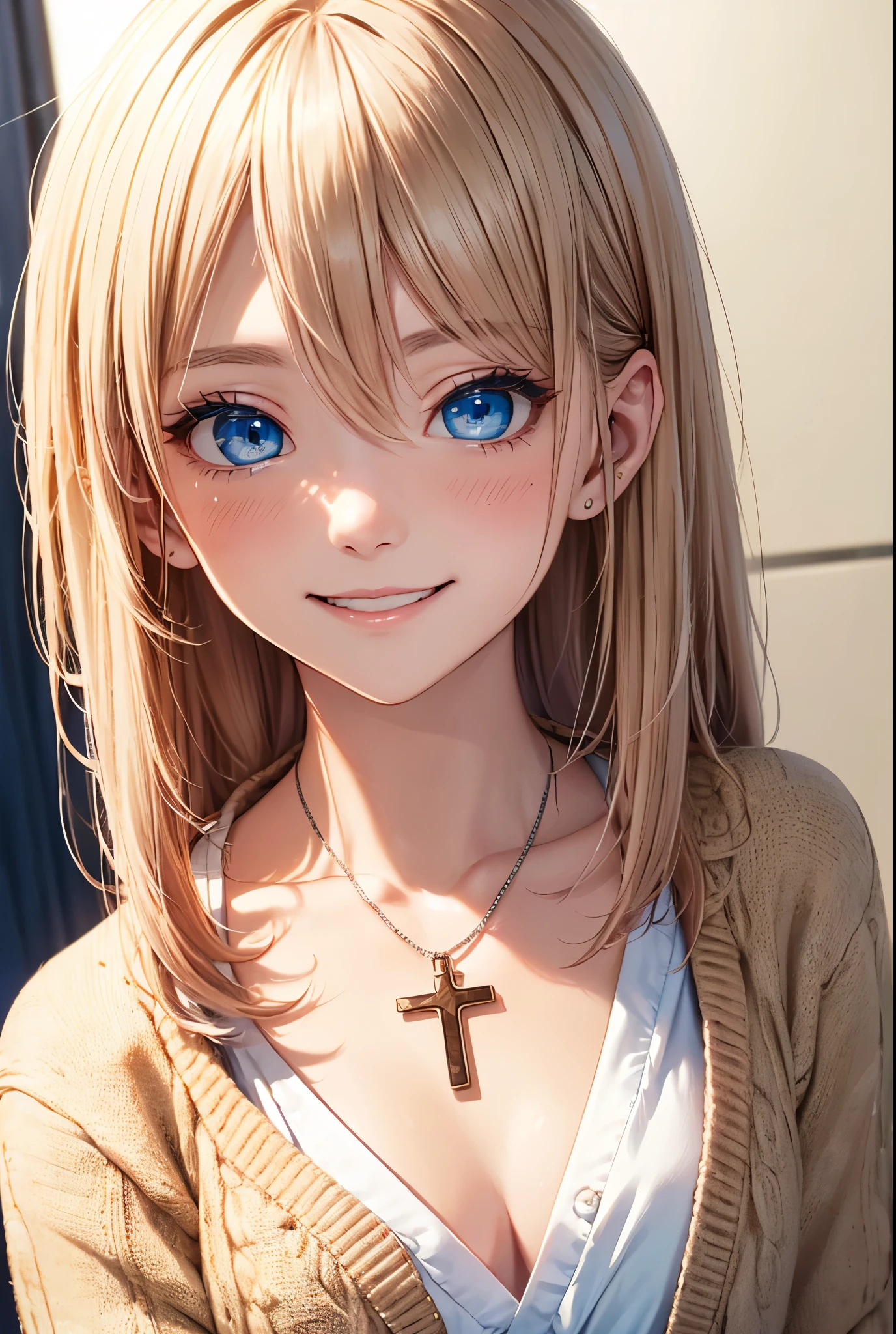 absurderes,hight resolution,best qualtiy,(1girl in),masutepiece,(Hair parted in the middle:1.3),(deep blue eyes:1.3)Small Cross Necklace,red blush,Embarrassed smile,Narrow-eyed,thin eyebrow eyeshadow,teak,gross,Crosshairpin,Beige cardigan