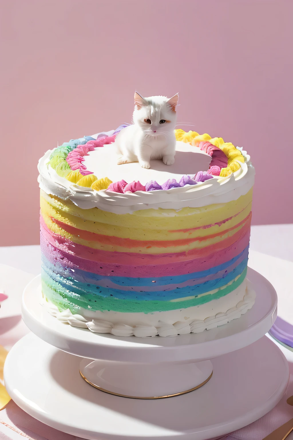 Creative poster,creative creative creative,a rainbow cake, Rainbow flowers, Rainbow flowers, rainbow bloom, sugar crystals, creamy, Sweet, indulgent, Rainbow whipped cream, pastel rainbow icing, A white kitten grew out of the cake,grows inside the cake,decadent, (tmasterpiece:1.1), (Best quality:1.1), (HighDynamicRange:1.0), (ultra-detailed), Decorative style, dripping rainbow drizzle, Rainbow glitter, photore, detailed, actual, 8k ultra high definition, high high quality, 原始photore, professional colorgraded, in pastel shades, There is no contrast, Focus Clear, Scavenging, epic richness,A white kitten grew out of the cake,grows inside the cake,Don’t make the cake too tall