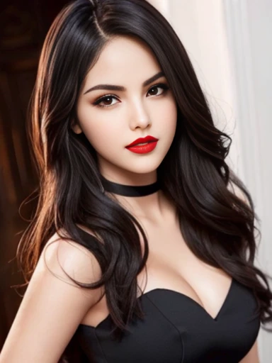 Eiza Gonzalez, pale skin, evil smile, large lips, black wavy hair, hot, thick brows, smokey eyes, red lips, red eyes, red sexy dress, magic, 13 years old face