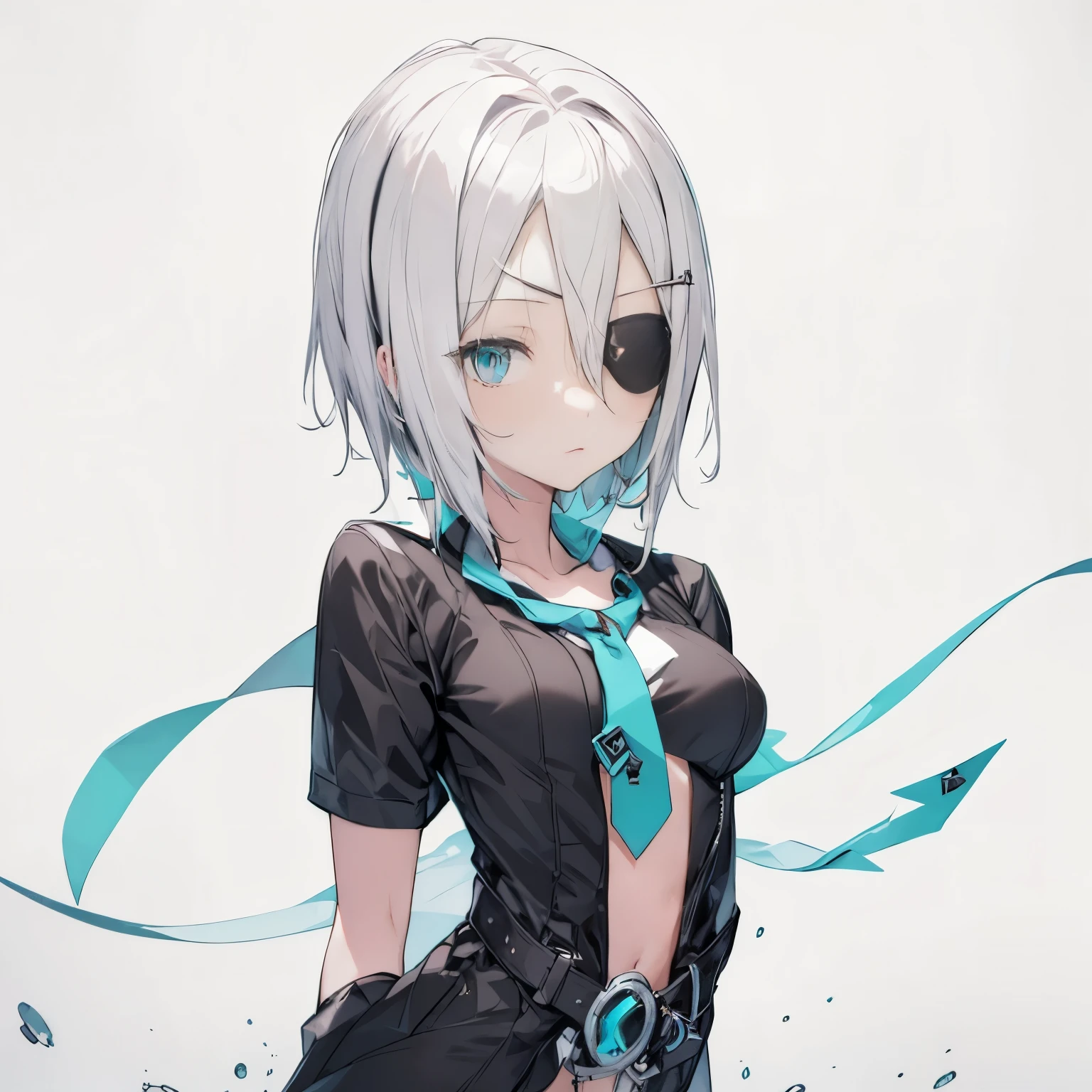 【Highest Quality, masutepiece】 [1 girl, black eyepatch:1.3) ,Manteau, expressioness, front facing,(turquoise eye:1.3), White hair, short cut hair , over size jacket,  Upper body,] (Gray white background:1.3),