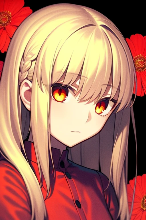 portrait, solo, 1girl, looking at viewer, write hair, hime cut long hair, death eyes, depressful, cover in blood, beautiful detailed face, sidelighting, higanbana floral background