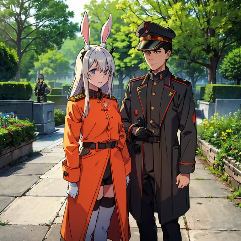 (A girl is in the garden,Lighting,detailedbackground,high high quality,
Vibrant colors,illuminate warmly)

(2 soldiers standing in front, army suits, Military coats, style of the USSR,
commissar, female people, Frost Star, bunny ears; 
1 soldier standing in front, army suit, Military coat, style of the USSR,
commissar, young, male people，ssmile)

(A girl is in the garden,Lighting,detailedbackground,high high quality,
Vibrant colors,illuminate warmly)

(There are two people standing in front, wearing army suits and Military coats in a style of the USSR
One is a commissar, a female people with bunny ears, known as Frost Star
The other is a young male people commissar，ssmile)