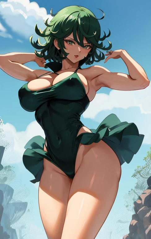 (La mejor calidad, 8k, 12), 1人の女の子, Tatsumaki, Pelo corto, Green hair, pecho gigante, El cuerpo perfecto, Cara ultra detallada, Labios detallados, ojos delgados, micro swimsuit, standing, tentador, excitado, areolas convexas, en celo, vapor, arms up , tembloroso,  Mirando hacia arriba, desde directamente arriba, Wet