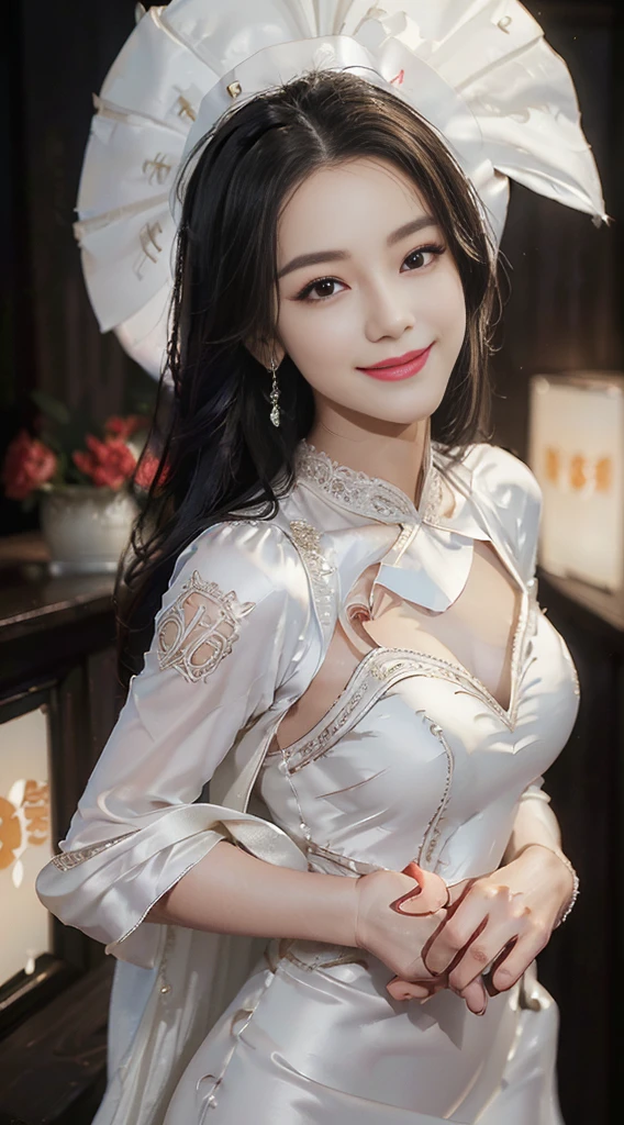 ((bestquality, 10, master-piece: 1.3)), cowboy shot, Beautiful woman, very cute, 1 girl, (Beautiful breasts:1.3), (Abs, Slender Figure: 1.1), crisp focus, (((intricate detailed)), high-detail, Upper body, a girl, Double black hair, smooth hair, chinese kanzashi, (Elegant white satin cutout evening gown:1.5), lace, Evening dress details, 10, 10 Resolution, Detailed facial cleanser, body detailed, Clothing Details, sharp photo, sharp photoสูง, Japanese anime concept art, trending on artstation, ((Looking at the audience, facing viewer, Staring at the audience:1.3)), Seductive sexy pose, ((Seductive smile, light smile:1.25)), Pink lipstick, bokeh, field of depth, 8.5 life size, 8k resolution, (Shot with EOS 5D Mark IV, 35mm lens., F1.8), (ancient chinese street background, inhuman background, detailed background), ((head frame:1.3), Detail of human hand, Perfect Human Hand, perfect anatomy, perfect proportion, ultra sharp focus,