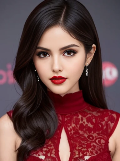 Eiza Gonzalez, pale skin, evil smile, large lips, black wavy hair, hot, thick brows, smokey eyes, red lips, red eyes, red sexy dress, magic, 11 years old, accessories