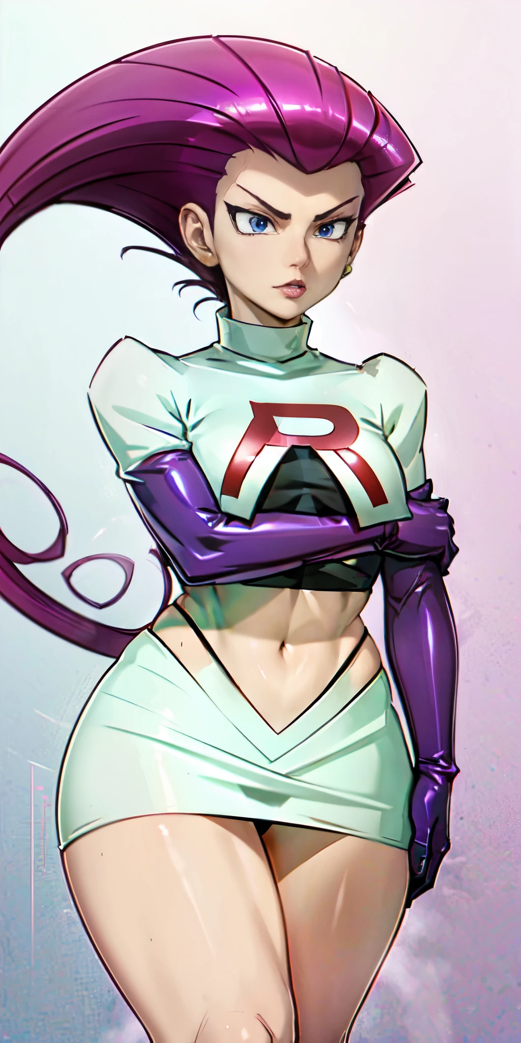 Jessie pokemon, ((seductive expression)), slicked back hair, Long hair, purple hair, blue eyes, Team Rocket, ((7000% transparent silk Team Rocket Uniform)), ((10% white skirt, 10% Crop Top)), thighs high,elbow gloves