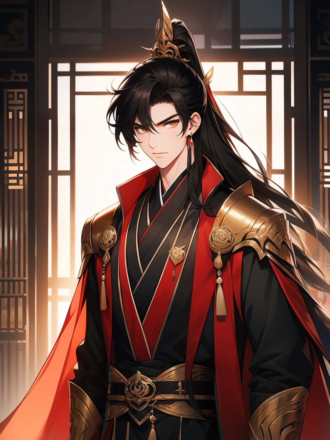 Libido boy，disheveled black hair , Orange eyes , black martial arts uniform , Fighting posture，asian architecture interior, Martial arts costumes , 1male people , Complicated details , perfect generation , male people , musculous ,Cloak