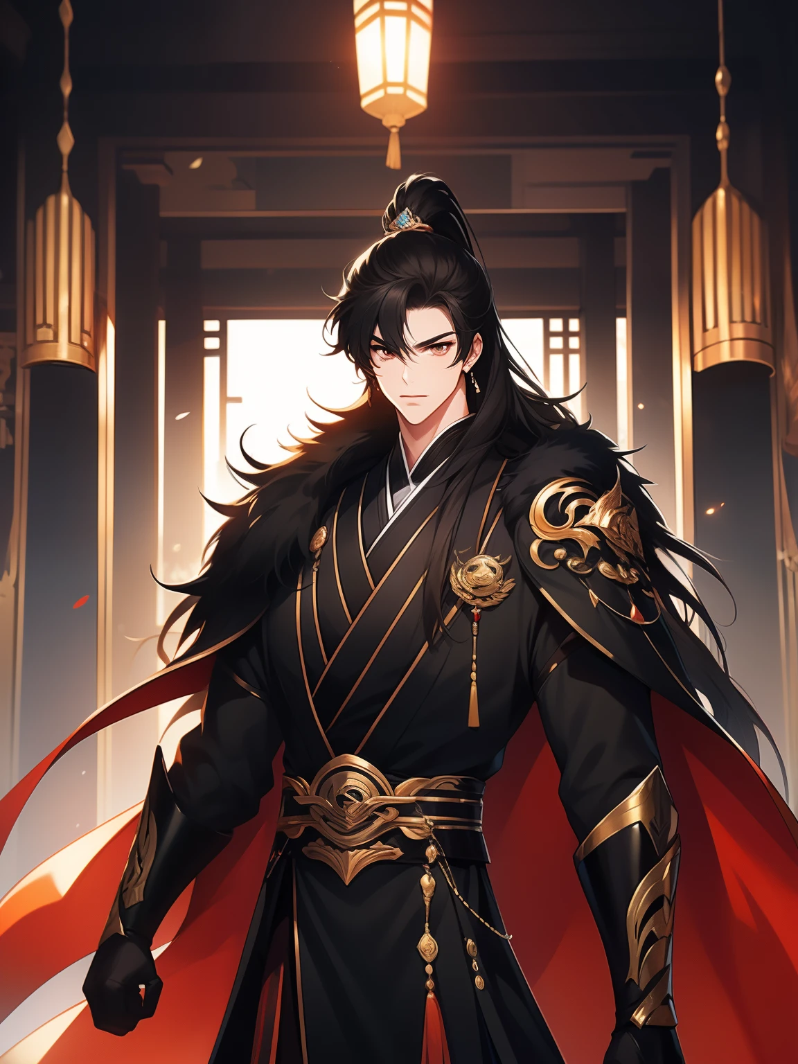 Libido boy,disheveled black hair , Orange eyes , black martial arts uniform , Fighting posture,asian architecture interior, Martial arts costumes , 1male people , Complicated details , perfect generation , male people , musculous ,Cloak