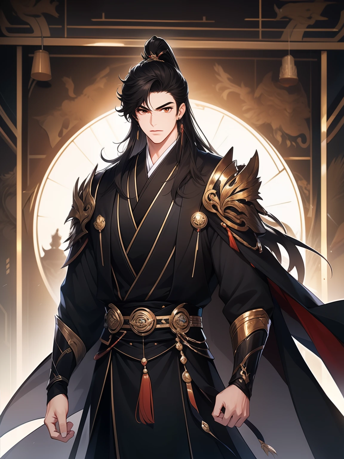 Libido boy,disheveled black hair , Orange eyes , black martial arts uniform , Fighting posture,asian architecture interior, Martial arts costumes , 1male people , Complicated details , perfect generation , male people , musculous ,Cloak