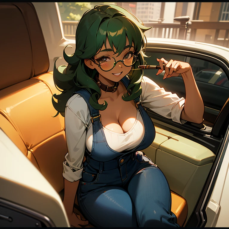 Dark Brown skin tanuki girl, dark brown skin, grey eyes, green long hair, curly green hair, 25 years old, chubby, curvy, fat, big butt, big breast, sitting seductively in car, girl, gold circle glasses , facing camera, explicit, black overalls, denim overalls, flannel, collar on neck , grinning, cleavage showing, holding lit joint, lit cigar in hand, smoking, vfx, high def, best quality, high angle, atmospheric lighting, girly boy,