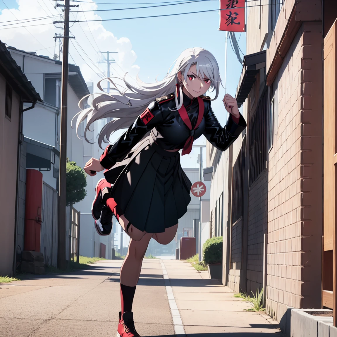 sukeban illyasviel_von_einzbern, mature_female, silver hair, holding yoyo, combat pose, full body, flowing hair, hair between the eyes, asymmetrical hair, red eyes, delicate facial features, sukeban deka clothe, looking_at_viewer, outdoors, background tokyo, ((solo, solo focus, solo girl,1girl))+++++,woman in a black latex costume standing on a set of strees, black school uniform, 80's japanese sukeban photo, sukeban seifuku,  80's japan, sukeban, long black skirt, red converse, full body, light skin tone female, full body, tape, arm_support, gloves, red_gloves, bridal gauntlets, blackred_footwear, fighter outfit, full body, hourglass, mature face, cheeky smile, cheeky face, wrinkles,( silver long hair, earrings, ear piercings), realistic, (fighting art, Martial arts, standing, fighting_stance, fight, fighting), extra colors, 2D, megapixel, perfectionism, accent lighting, full HD , 4K, masterpiece, empty red eyes