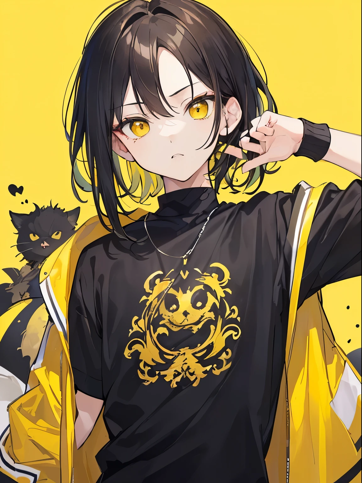 ((face only)),((Stylish atmosphere)), ((Best Quality)), ((masutepiece)), ((Perfect face))), ((cool expression)), ((A dark-haired)), ((Yellow inner color)), ((cute face)), ((black, yellow is the image color)),  (only one person)),  ((twinks)), ((Calm)), ((bangss)), ((simple)), ((one boy)), ((looking at the camera), ((Fashionable clothes)), ((front))