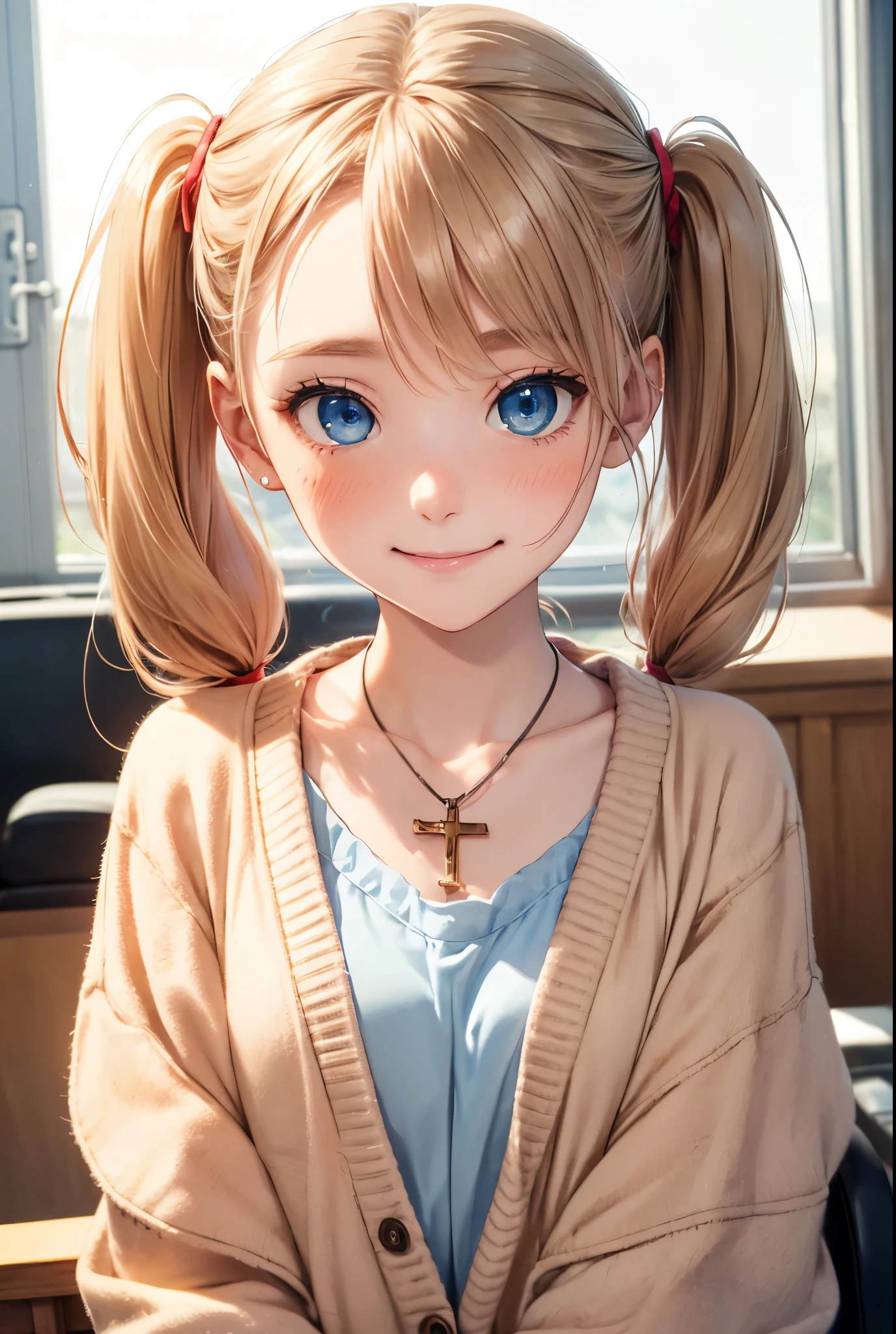 absurderes,hight resolution,best qualtiy,(1girl in),masutepiece,(Hair parted in the middle:1.3),(deep blue eyes:1.3)Small Cross Necklace,red blush,Embarrassed smile,Narrow-eyed,Thin eyebrows,teak,gross,Crosshairpin,Beige cardigan,(short low twintails:1.3)