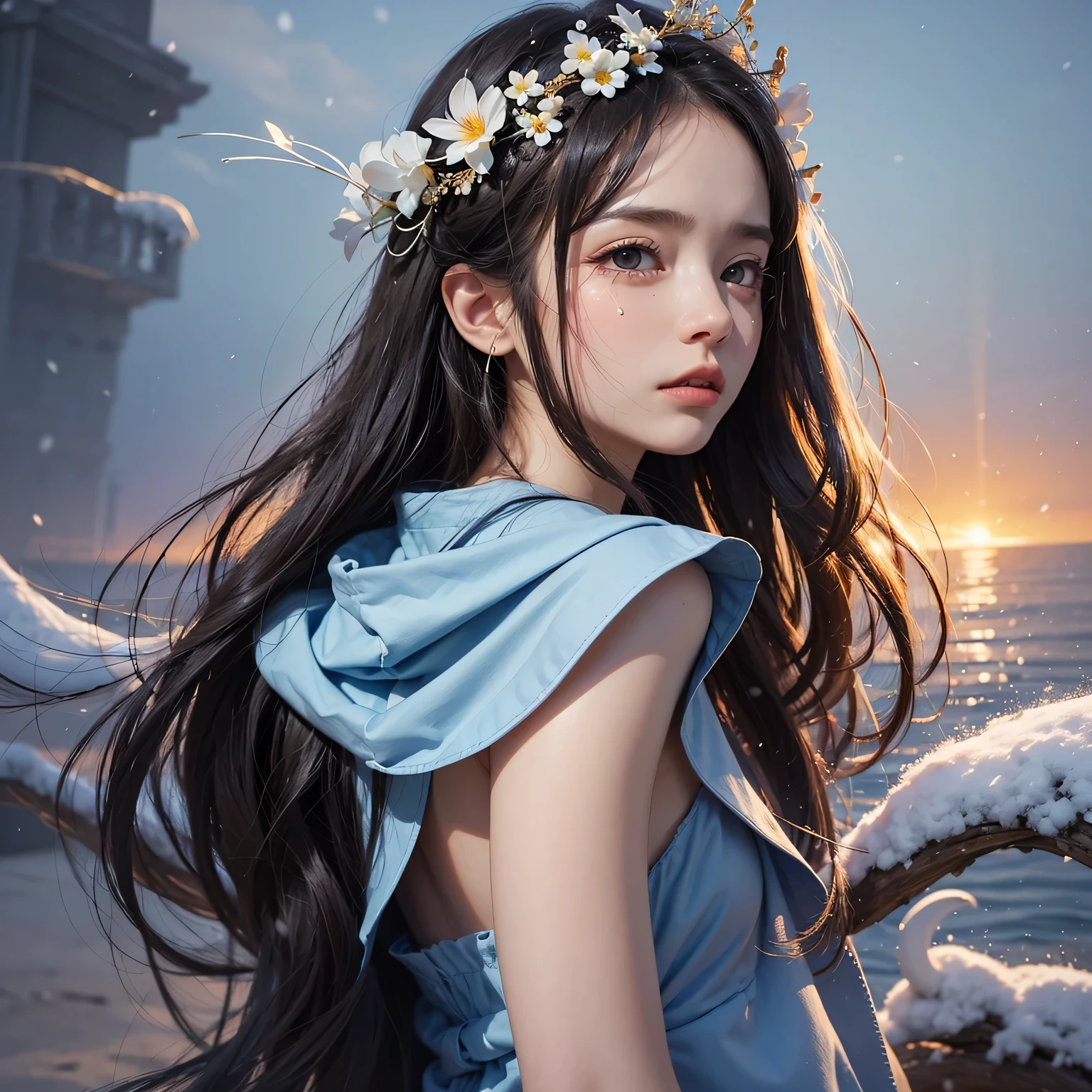 Illustration style、Showa Anime、Woman、(Bright light from behind)、((Sensitive))、the morning sun、((Tears))、It's snowing、top-quality、masutepiece