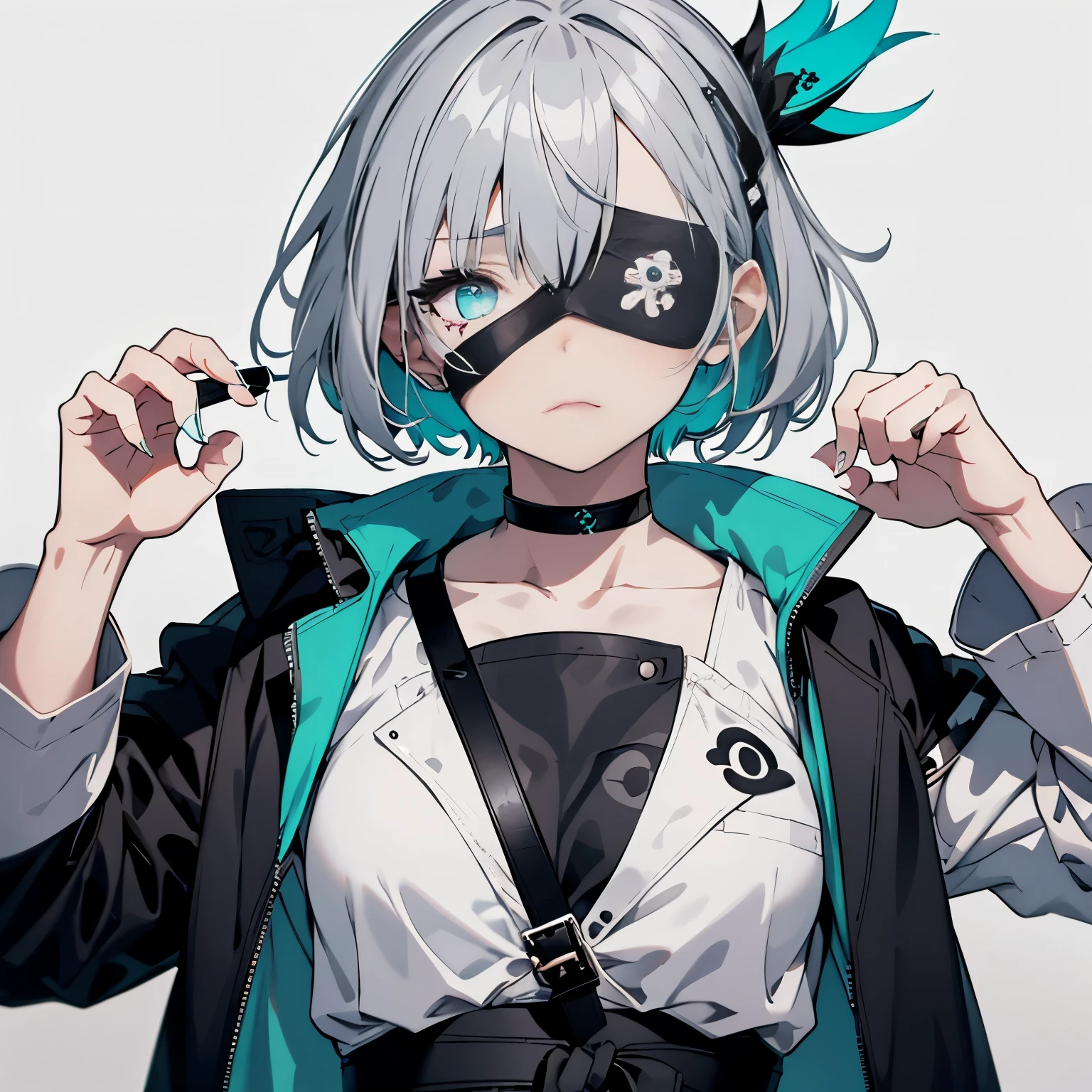 【Highest Quality, masutepiece】 [1 girl, (left eye black eyepatch:1.3) ,Manteau, expressioness, front facing,(right turquoise eye:1.3), White hair, short cut hair,oversize jacket, Upper body,]  (Gray white background:1.5),