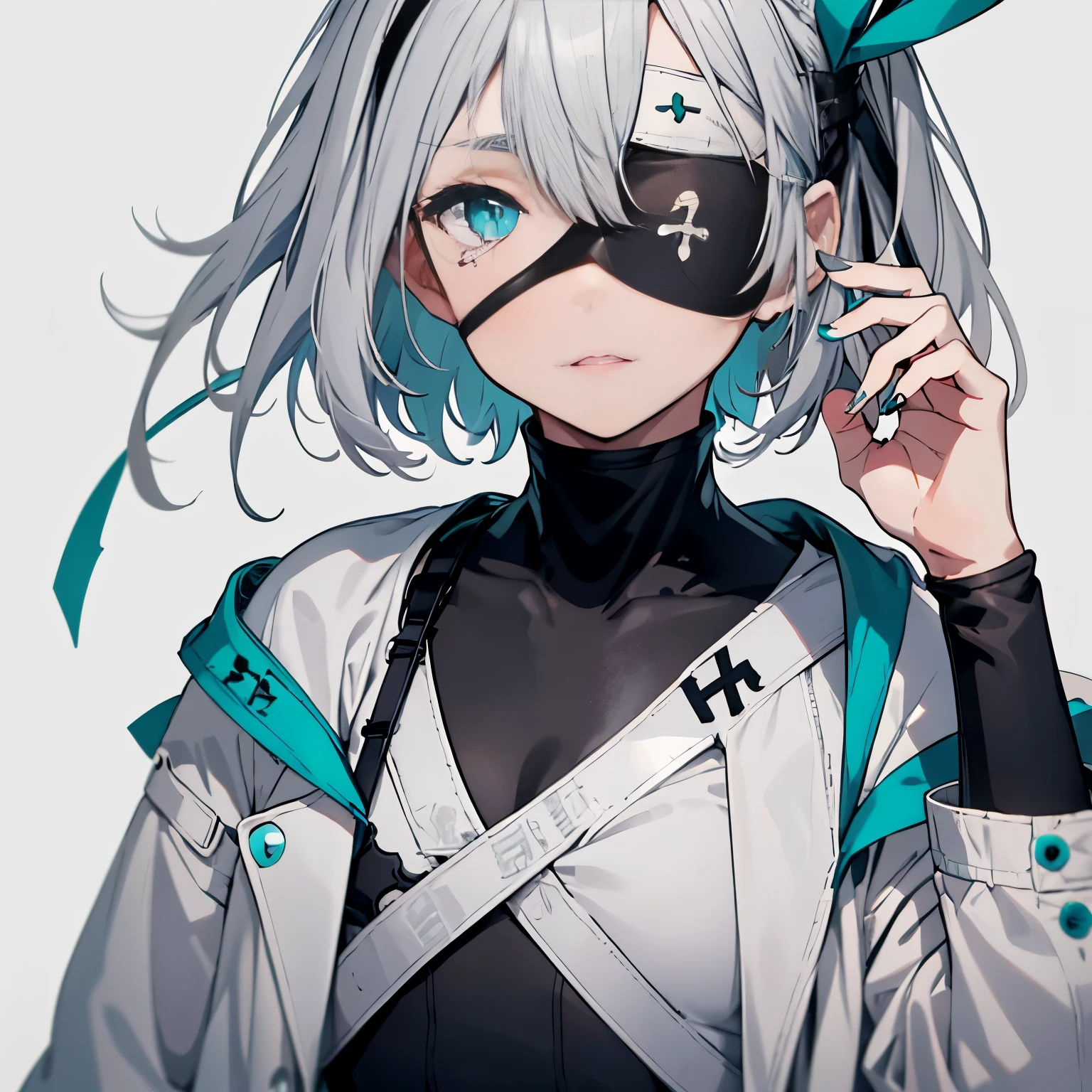 【Highest Quality, masutepiece】 [1 girl, (left eye black eyepatch:1.3) ,Manteau, expressioness, front facing,(right turquoise eye:1.3), White hair, short cut hair,oversize jacket, Upper body,]  (Gray white background:1.5),