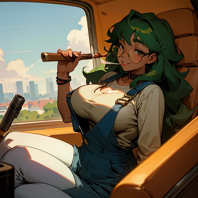 Dark Brown skin tanuki girl, dark brown skin, grey eyes, green long hair, curly green hair, 25 years old, chubby, curvy, fat, big butt, big breast, sitting seductively in car, girl, gold circle glasses , facing camera, explicit, black overalls, denim overalls, flannel, collar on neck , grinning, cleavage showing, holding lit joint, lit cigar in hand, smoking, vfx, high def, best quality, high angle, atmospheric lighting, girly boy,