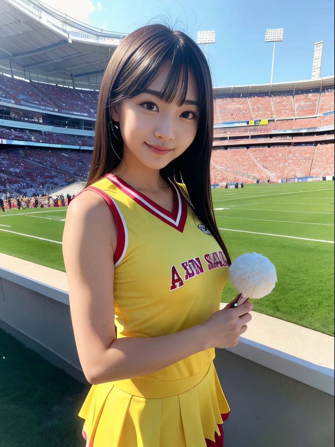 Ala Fed Asian cheerleader holding pom pom in stadium, gros-plan, gros-plan, Photo, Anime , Small breasts, RAW Photo, Best Quality, High resolution, (masutepiece), (Photorealistic:1.4), professional Photography, Sharp Focus, nffsw, 8K resolution, Intricate details, depth of fields, Highly detailed CG Unity 8k wallpaper, Front light, NSFW, Woman, girl, beautiful supermodel, Smile, slender, Small Cheer Uniform, yellow