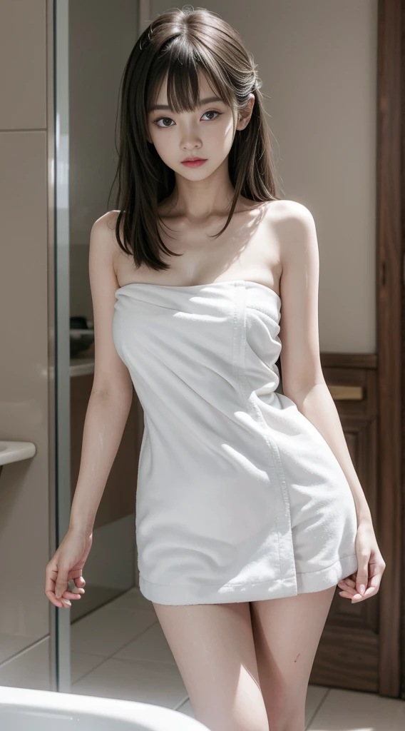 There is a woman in a towel standing in the bathroom, Realistic Young Gravure Idol, Young Sensual Gravure Idol, shikamimi, Young Pretty Gravure Idol, 奈良美智, Japanese Models, Kotegawa Yui, Young Gravure Idol, chiho, Realistic sensual gravure idol, Young skinny gravure idol