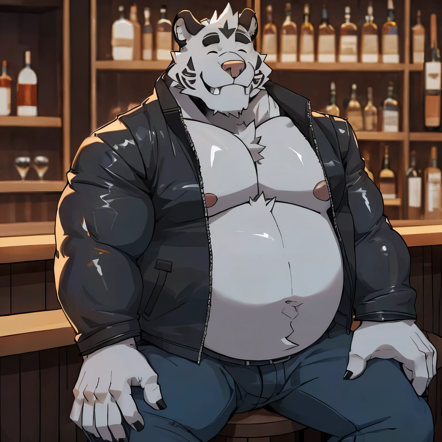 axel cosmas , solo, leather jacket, blue jeans, plump, huge, bar background, nipples, big belly, big ass, eyes shut, sitting on a seat, 5 fingers, musclegut body, lineart, normal eyes, boner