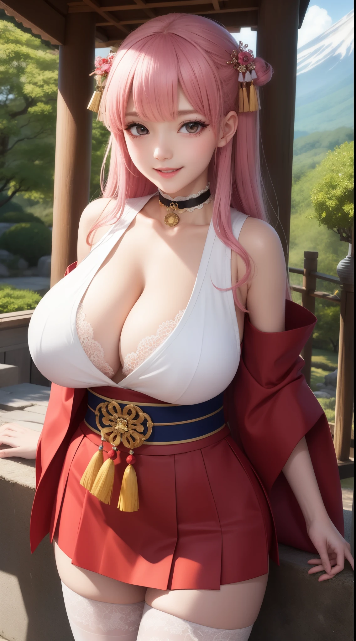 (best quality:1.3),(masterpiece:1.1),(illustration:1.2),(ultra-detailed:1.2),beautiful detailed eyes,1girl,shrine maiden,japanese clothes,detached sleeves,hakama short skirt,bottomless,no panties,ofuda on pussy,maebari,shrine maiden,cleavage,detached sleeves,white thighhighs,digust,blush,japanese clothes,tokyo city,mount fuji,huge breasts,choker,standing,hakama short skirt,arms at sides,outdoors, smile, big breasts, pink hair,