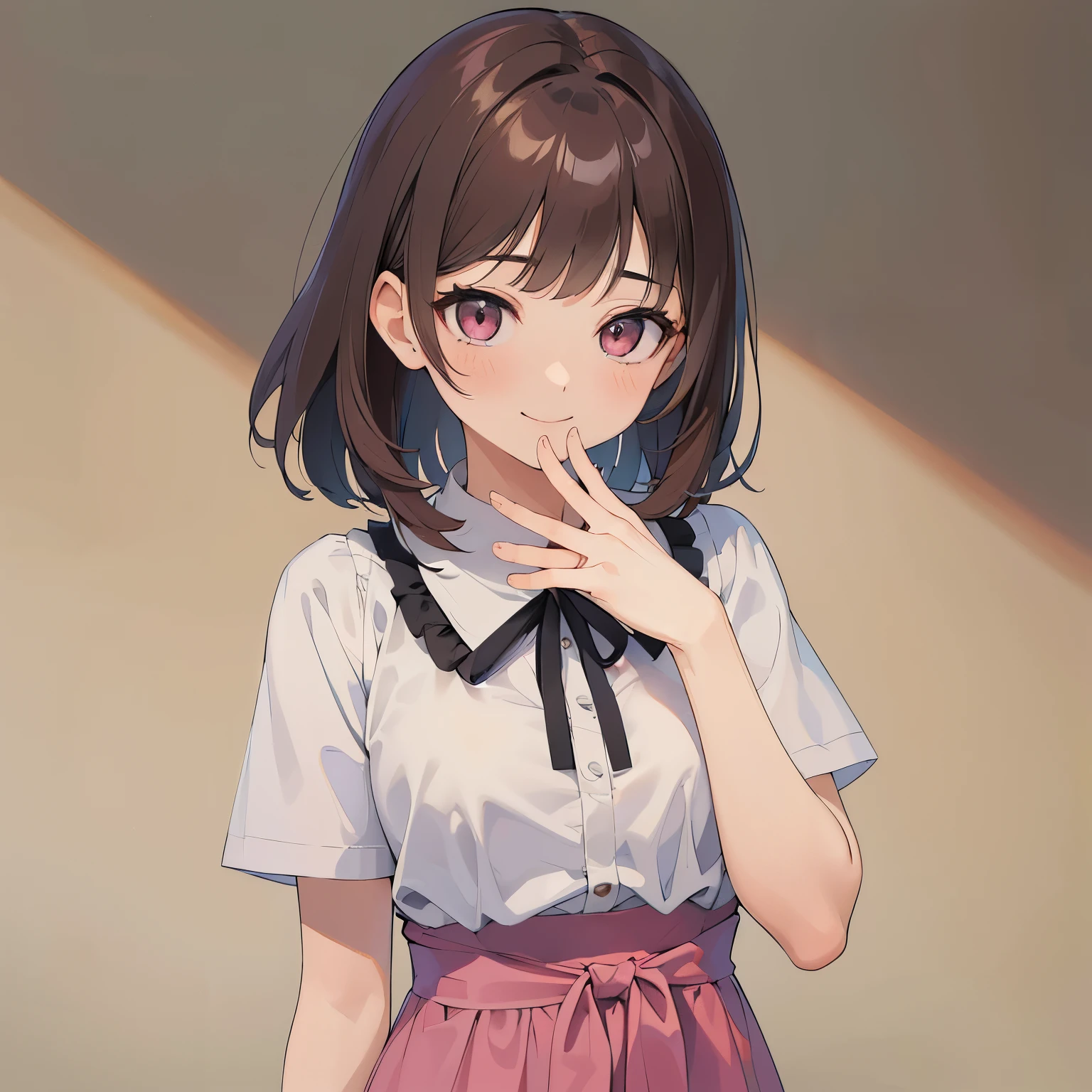 waving at viewer、masterpiece、top-quality、 A 25-year-old woman with medium hair and pink eyes with brown bangs.、She is wearing a white short-sleeved one-piece dress.、(shy:1.3)、smile, (Staring:1.5)、is standing、Background outside、Bold composition、Upper body is shown、Alone、