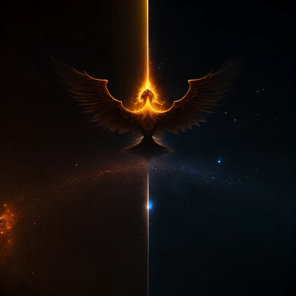 Spiritual space,archaic,mystical,Dreamy,A phoenix hovers in the sky,Rays of golden light shine down from the sky,s fractal art