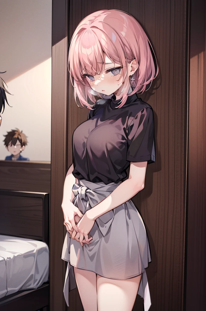 Perfect human body、2 boys,1 girl、A couple、heterosexuality、 NSFW, ((actual, Bedrooms)), (very highly detailed background), (((Stand next to the girl、Man puts his hands on girl's waist))), Oversized white T-shirt、mini-skirts、鎖骨,Bigchest, ((woman with fever)), ((perspiring,steamy,Upper grades))), 、皮革mini-skirts、((Confused expression)), (face flushed), 大男子气概的男人Stand next to the girl、looking at viewert,